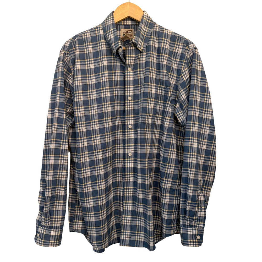 LL Bean Button Down Shirt Mens M Blue Yellow Plaid Good Traditional Fit 500508